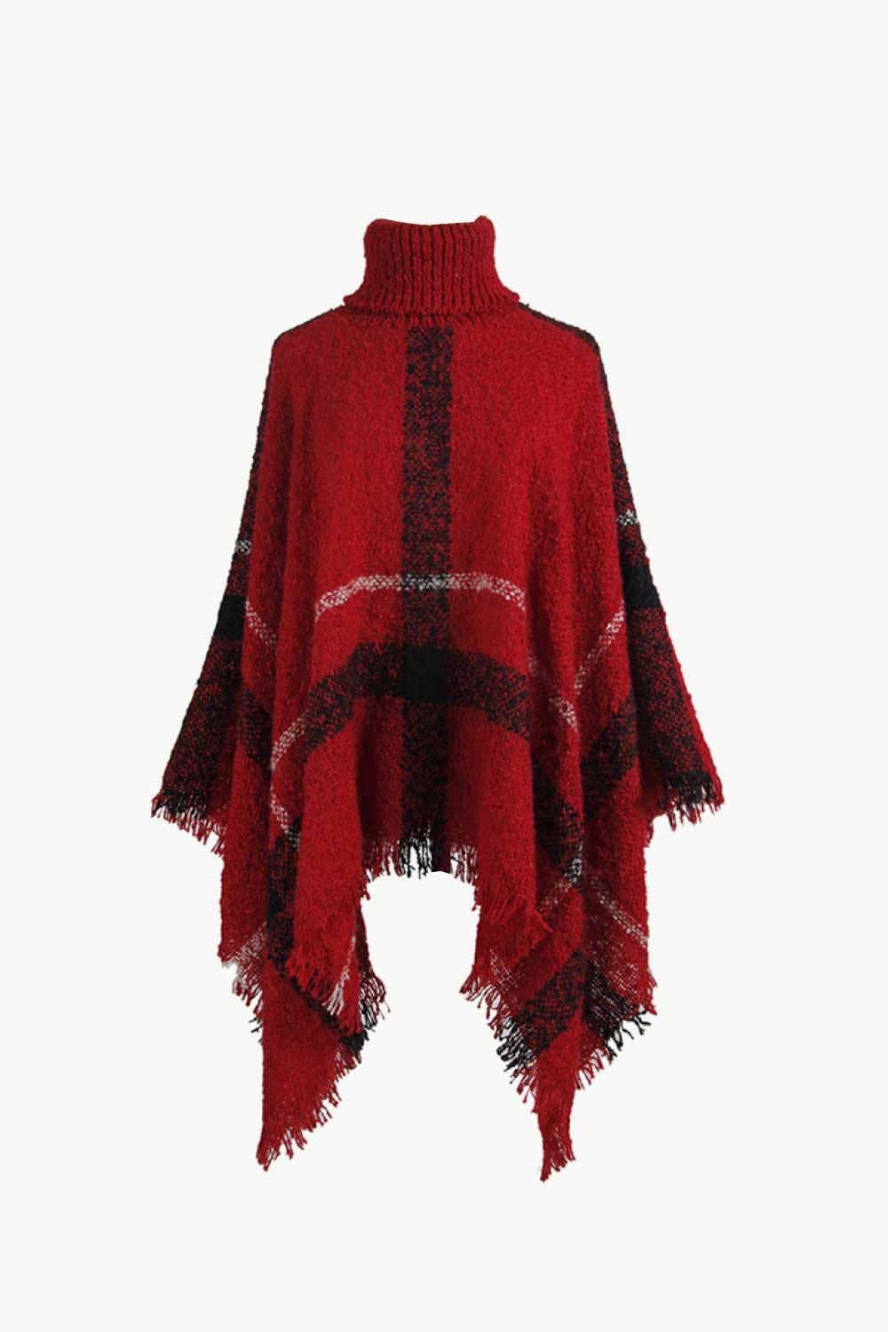Plaid Turtleneck Raw Hem Poncho Deep Red One Size - Fashorio