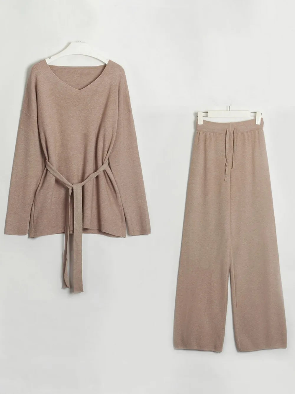 V-Neck Long Sleeve Top and Drawstring Pants Sweater Set Camel One Size - Fashorio