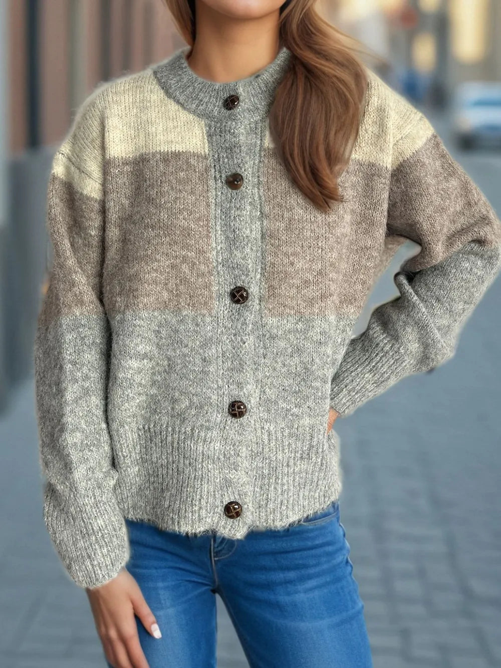 Color Block Round Neck Button Up Cardigan Gray One Size - Fashorio