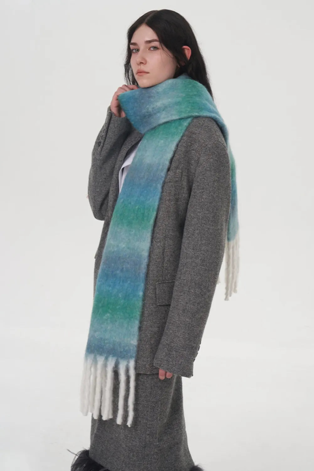 Fringe Gradient Thermal Scarf Sky Blue One Size - Fashorio