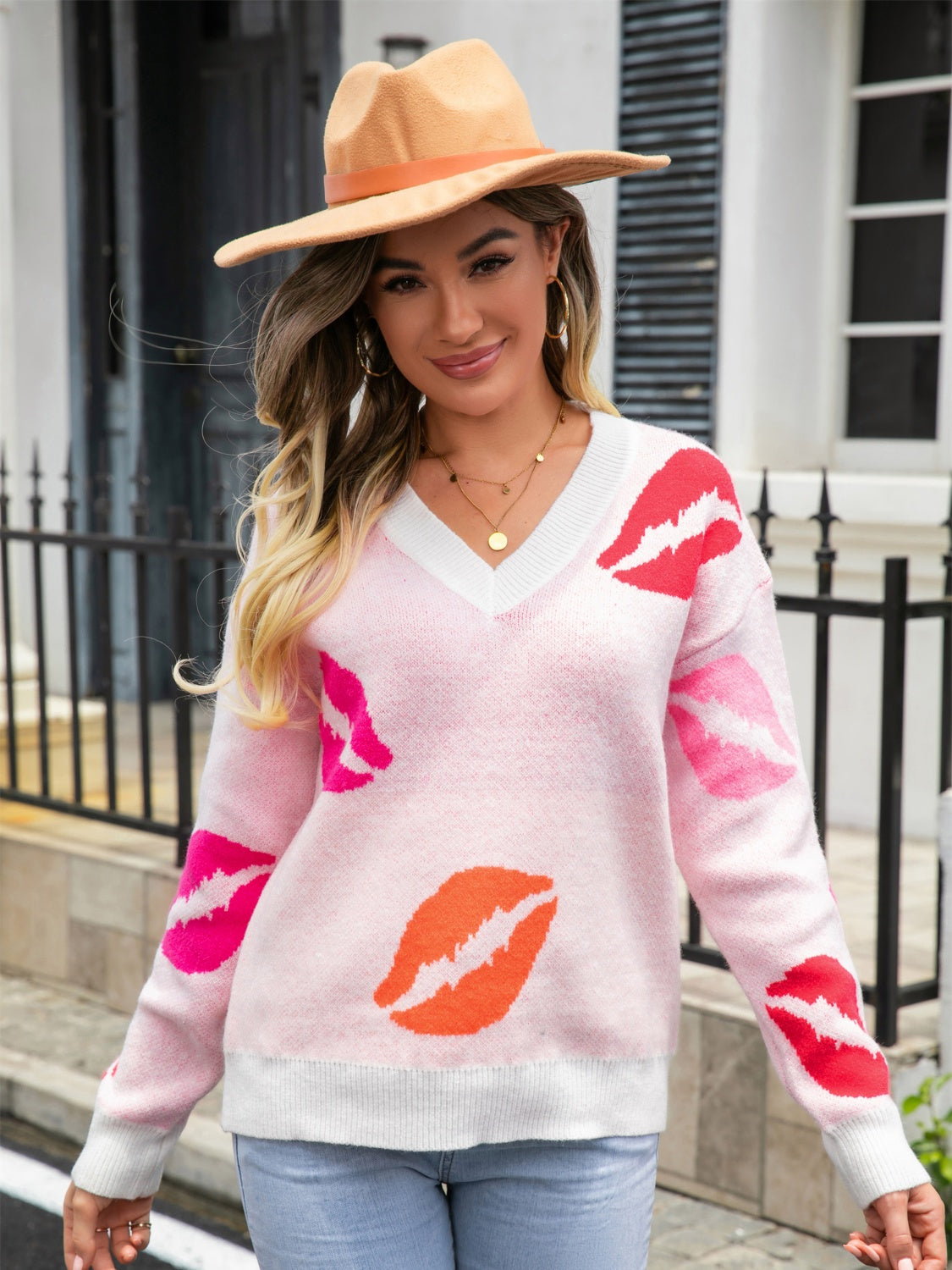 Angel Wings Lip V-Neck Drop Shoulder Sweater White - Fashorio