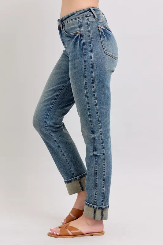 Judy Blue Full Size Mid Rise Vintage Wash Double Roll Cuff Boyfriend Jeans Plus Size - Fashorio