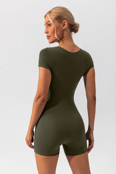 Square Neck Cap Sleeve Active Romper - Fashorio
