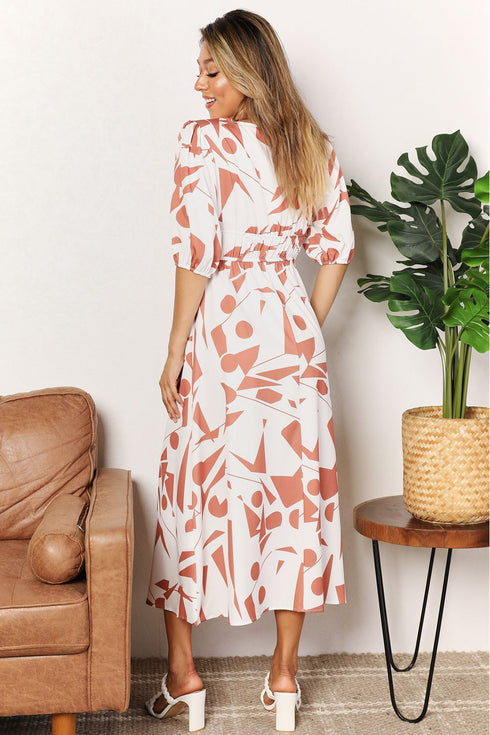 Printed Surplice Balloon Sleeve Dress - Fashorio