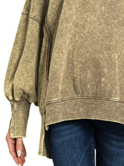 Zenana Acid Wash Exposed-Seam High Low Sweatshirt - Fashorio