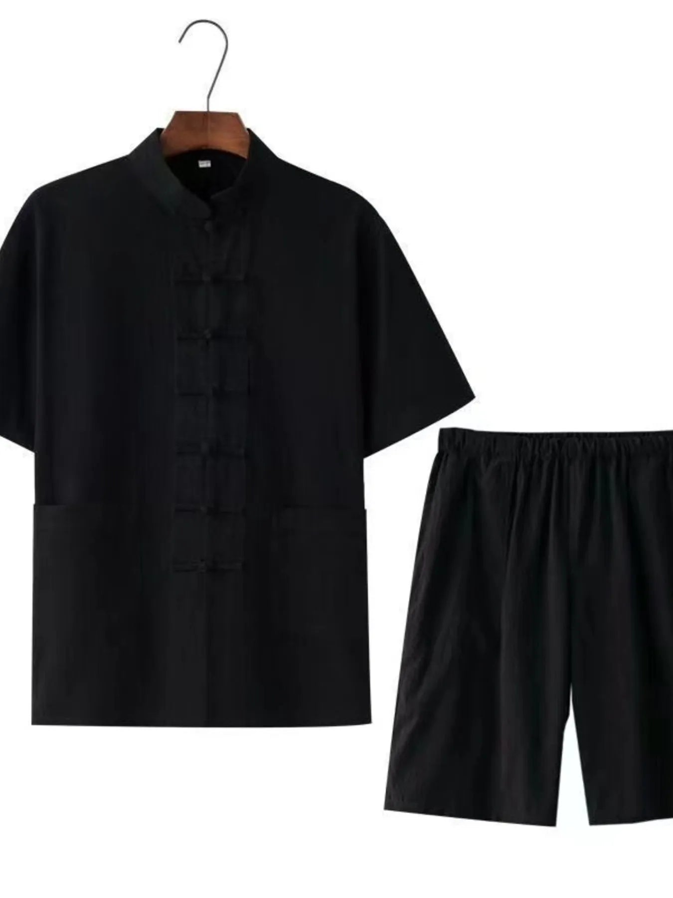 Men's Plus Size Chinese Style Top and Shorts Set Black - Fashorio