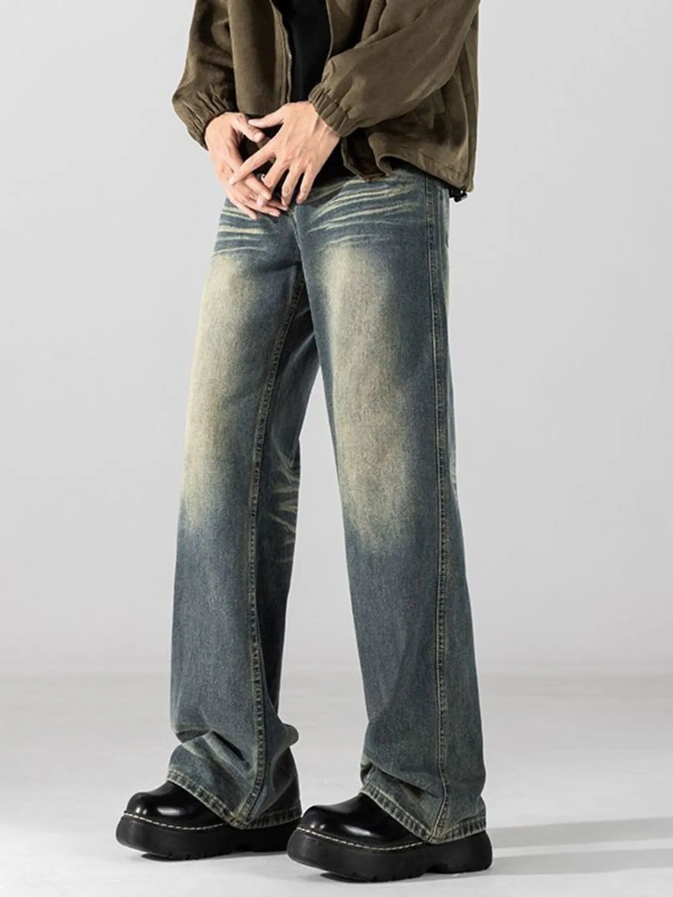 Men's Full Size Wide Leg Washed Jeans Plus Size Vintage Blue - Fashorio