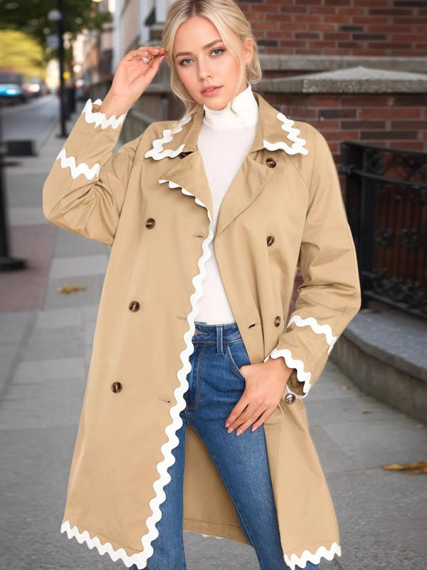 Scalloped Trim Long Sleeve Trench Coat Khaki - Fashorio