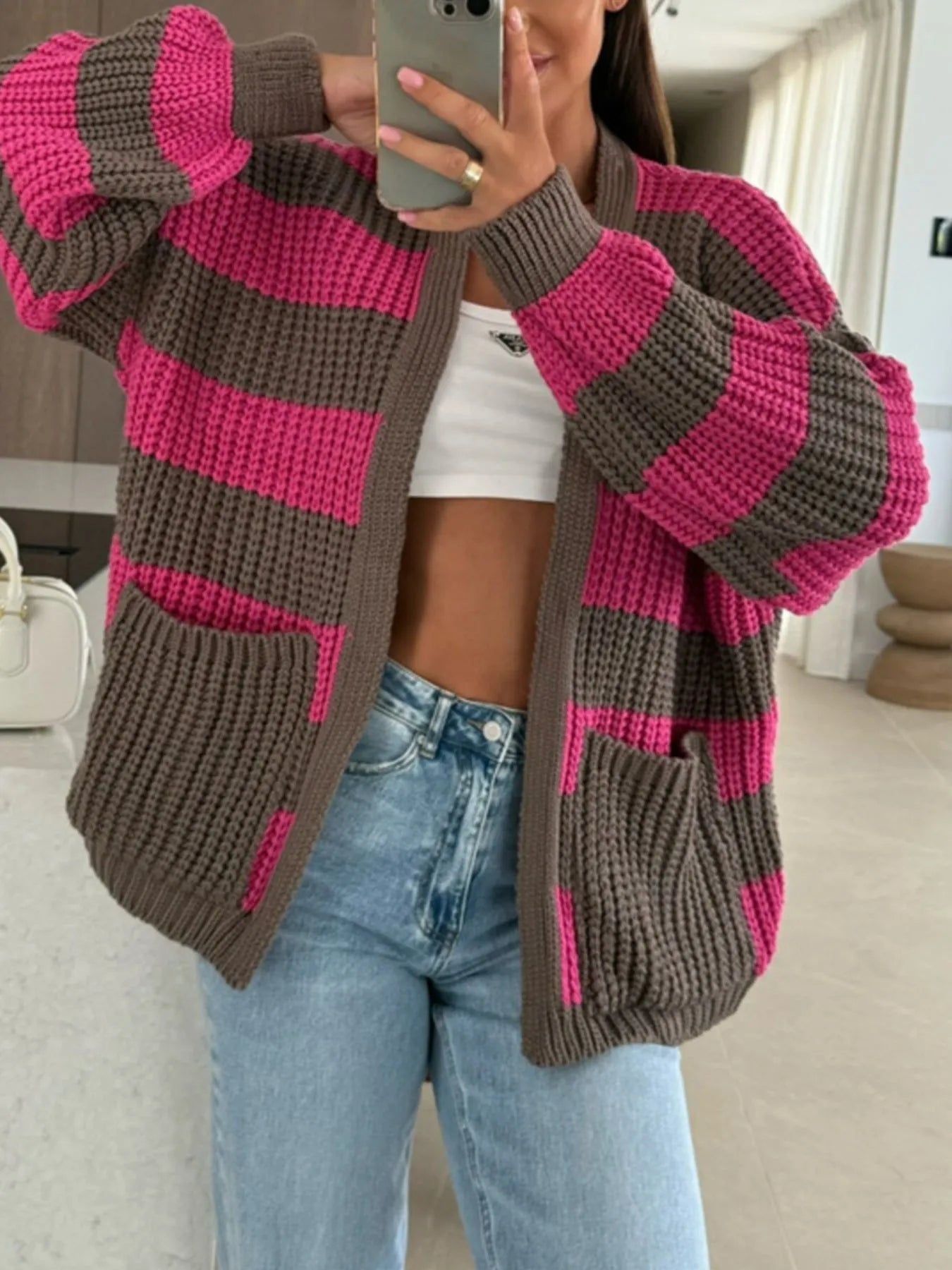 Striped Open Front Long Sleeve Cardigan - Fashorio