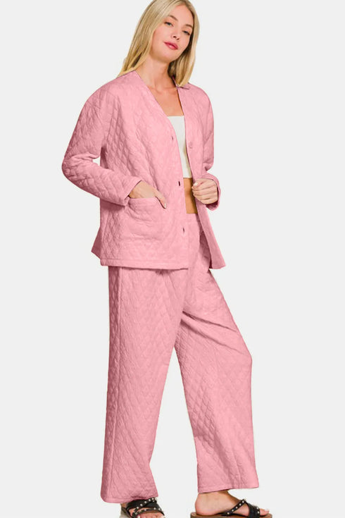 Zenana Quilted Button Up Long Sleeve Top and Pants Lounge Set - Fashorio