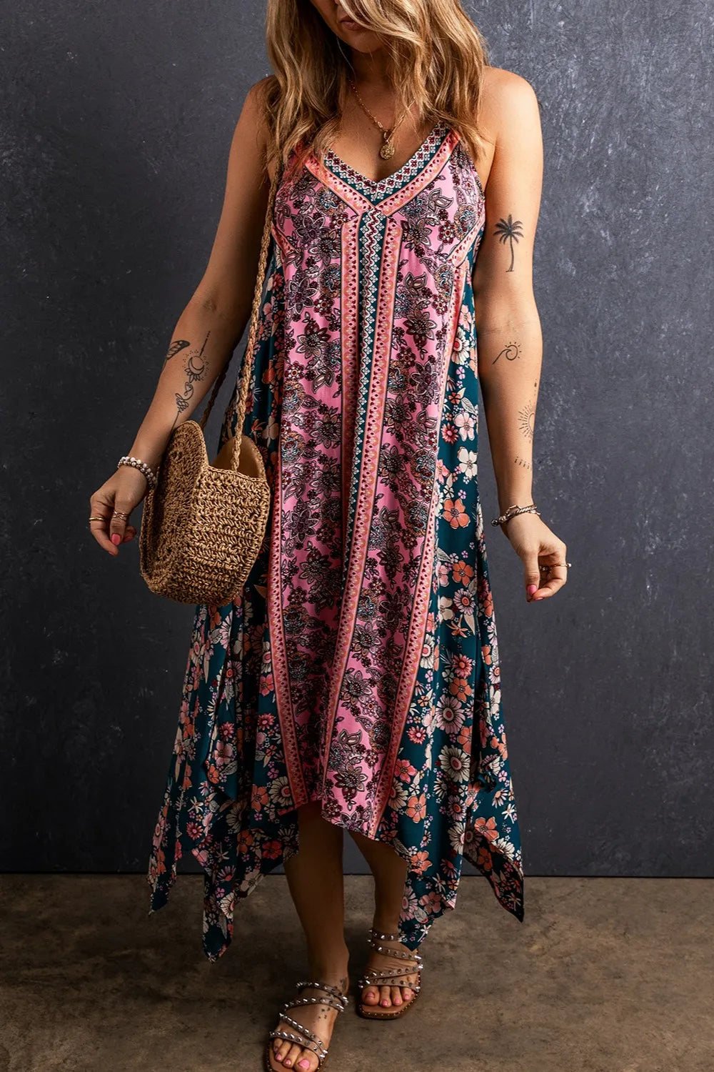 Printed V-Neck Midi Cami Dress Multicolor - Fashorio