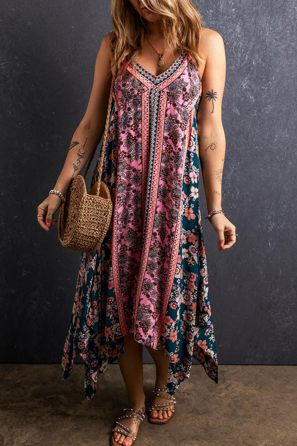 Printed V-Neck Midi Cami Dress Multicolor - Fashorio