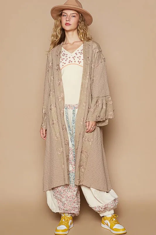 POL Flower Lace Trim Open Front Longline Cardigan - Fashorio