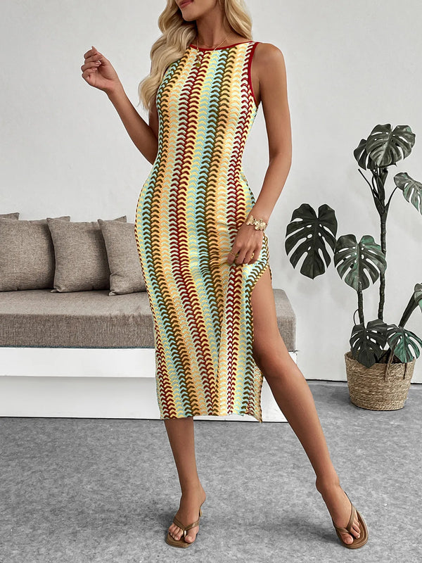 Sleeveless Chevron Pattern Sweater Dress Khaki - Fashorio