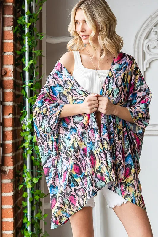 Heimish Full Size Multi Color Snake Open Cardigan Plus Size - Fashorio