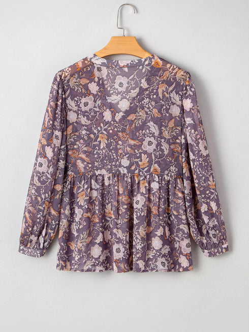 Floral Print Tie Neck Blouse - Fashorio