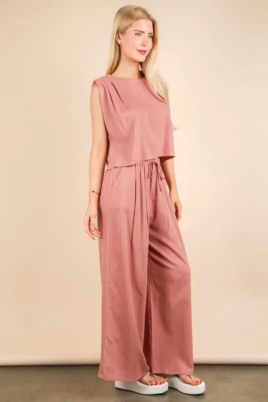 VERY J Solid Woven Top & Pants Set - Fashorio