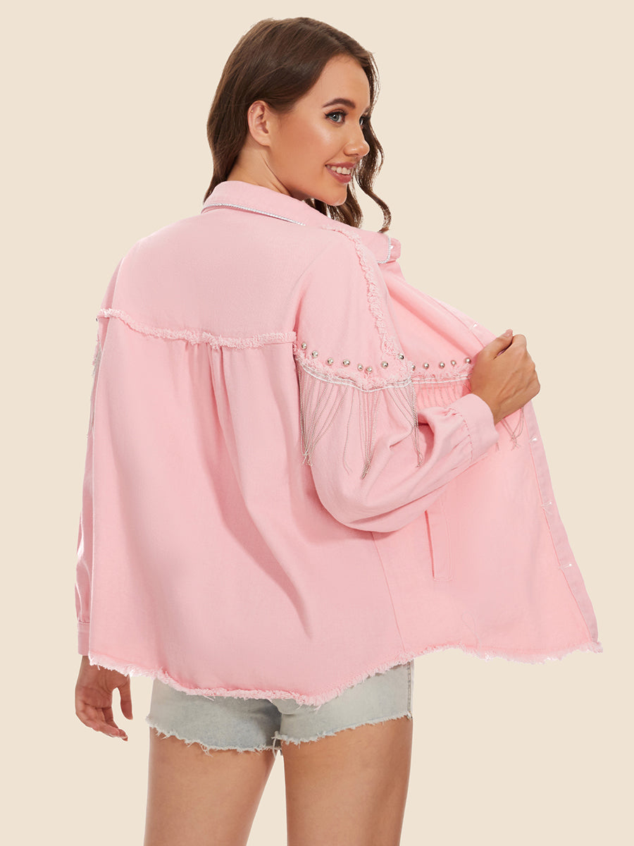 Raw Hem Fringe Detail Denim Jacket - Fashorio