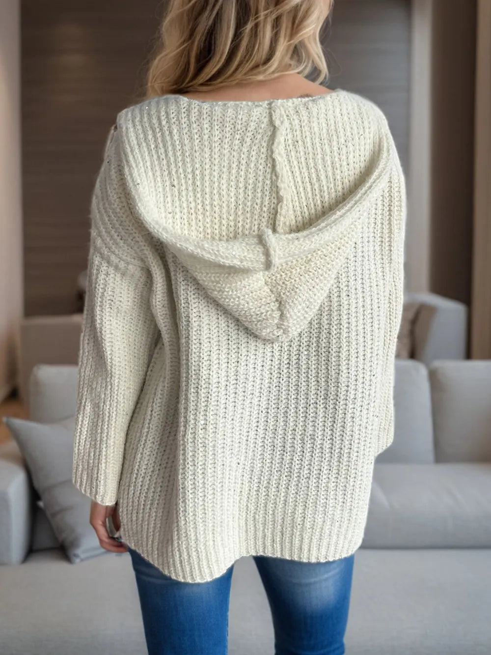 Sequin Detail Long Sleeve Hooded Cardigan - Fashorio
