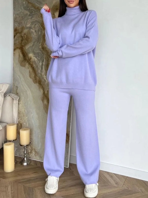 Turtleneck Long Sleeve Top and Drawstring Pants Sweater Set Blue Purple One Size - Fashorio