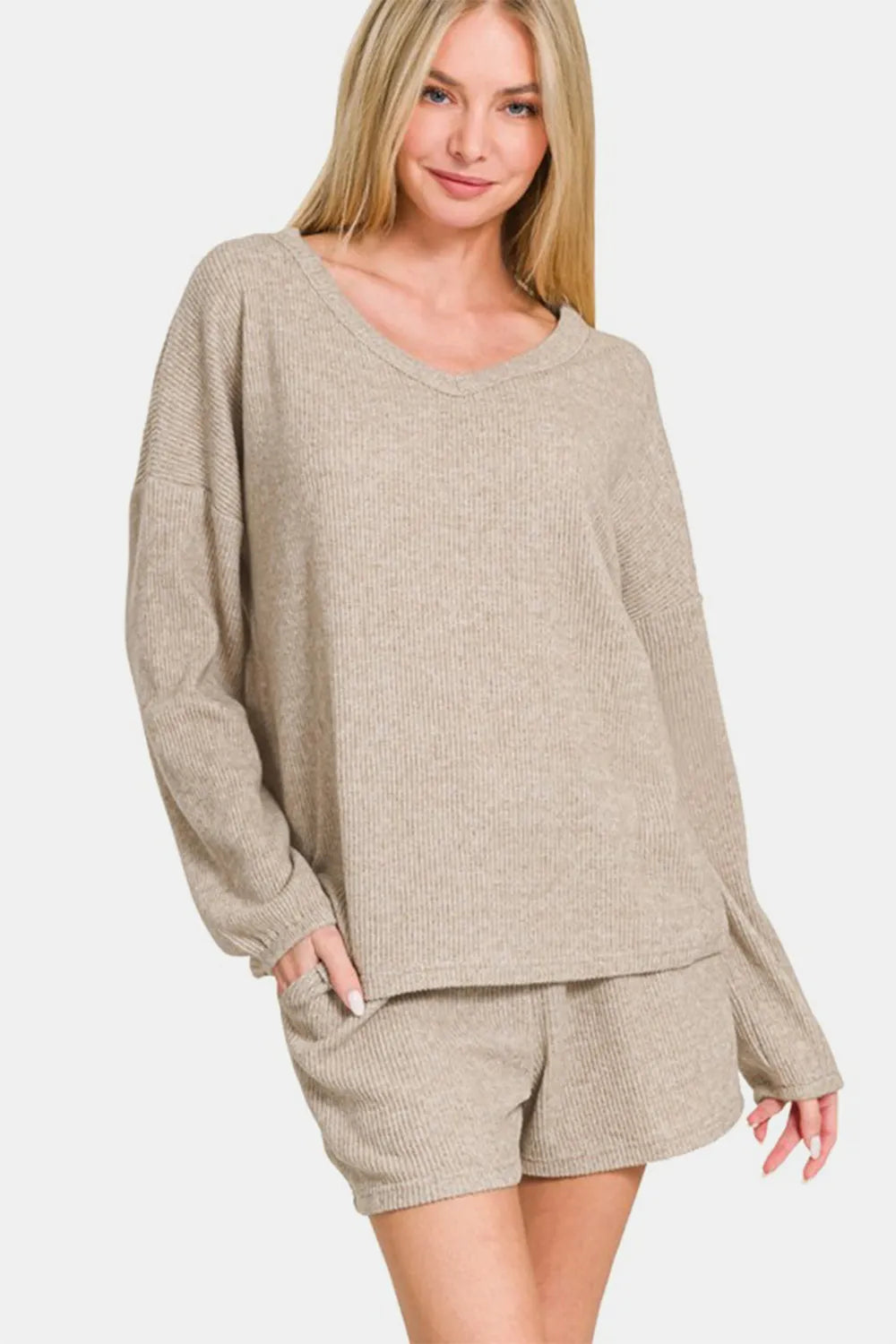 Zenana V-Neck Long Sleeve Ribbed Top and Shorts Set - Fashorio