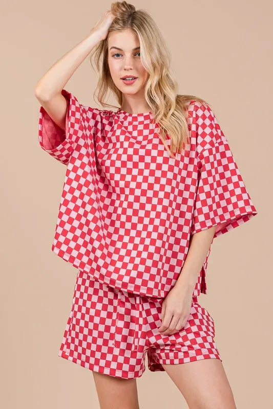 Ces Femme Checkered Round Neck Top and Shorts Set Red - Fashorio