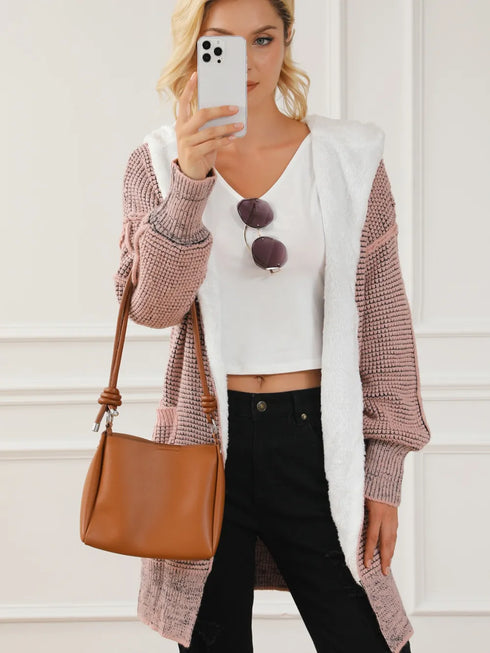 Open Front Hooded Winter Coat with Pockets - Fashorio