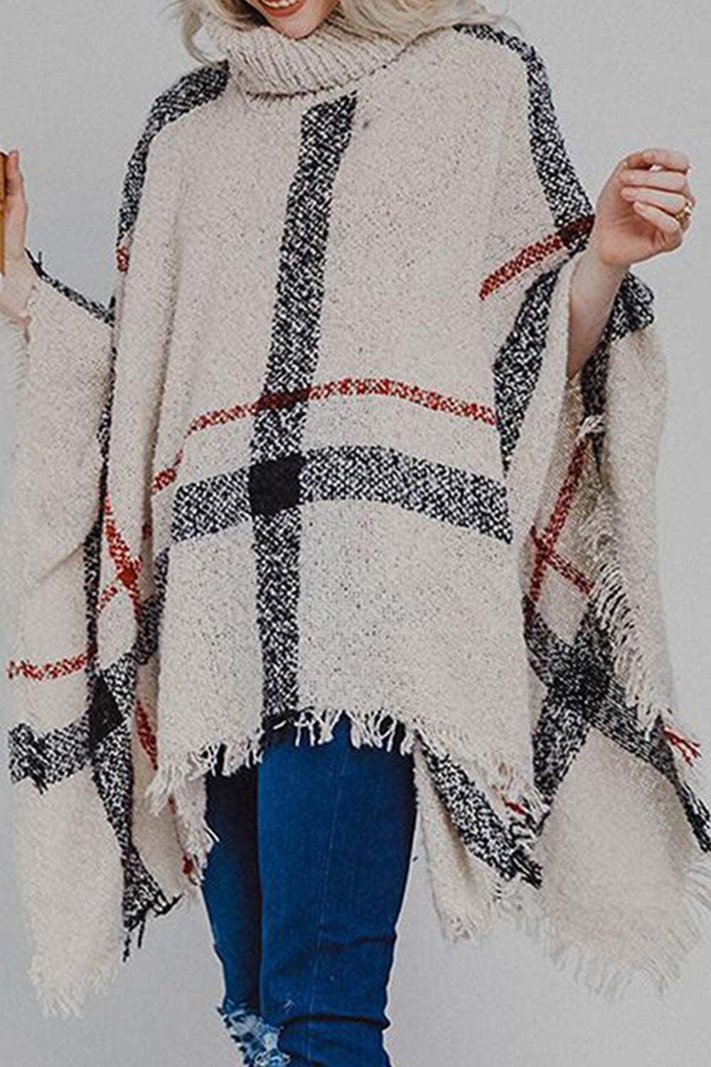 Plaid Turtleneck Raw Hem Poncho - Fashorio
