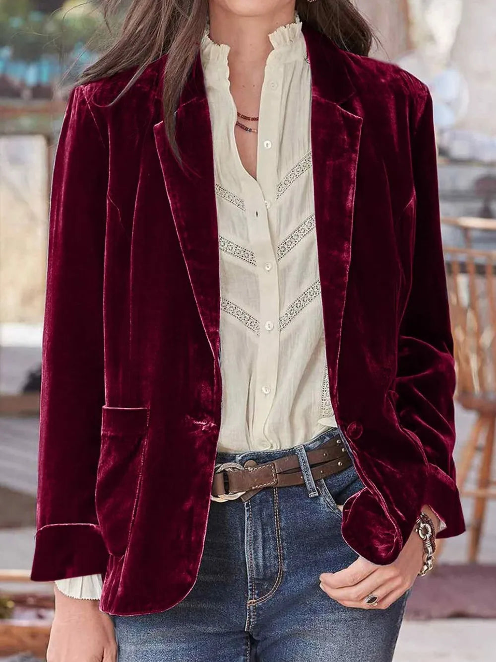 Pocketed Button Up Lapel Collar Blazer - Fashorio