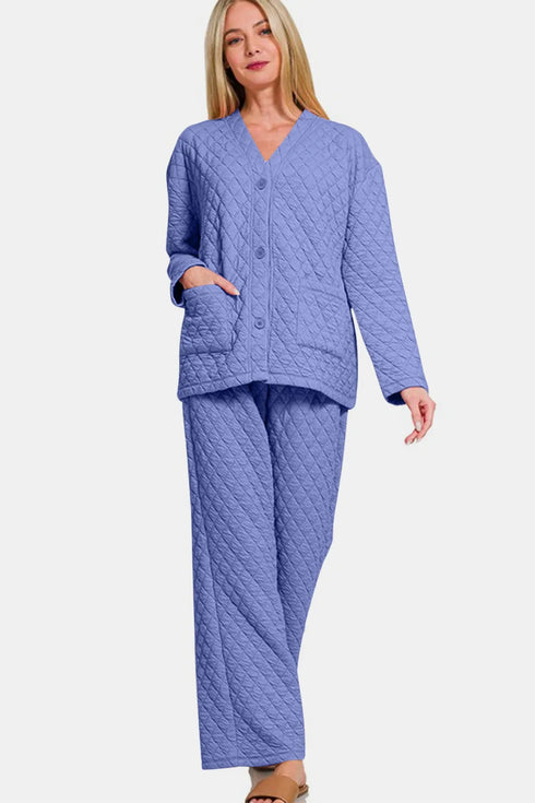 Zenana Quilted Button Up Long Sleeve Top and Pants Lounge Set - Fashorio