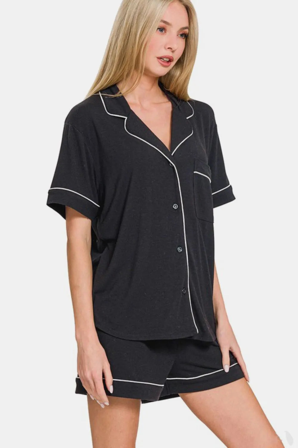 Zenana Button Down Short Sleeve Top and Shorts Lounge Set - Fashorio