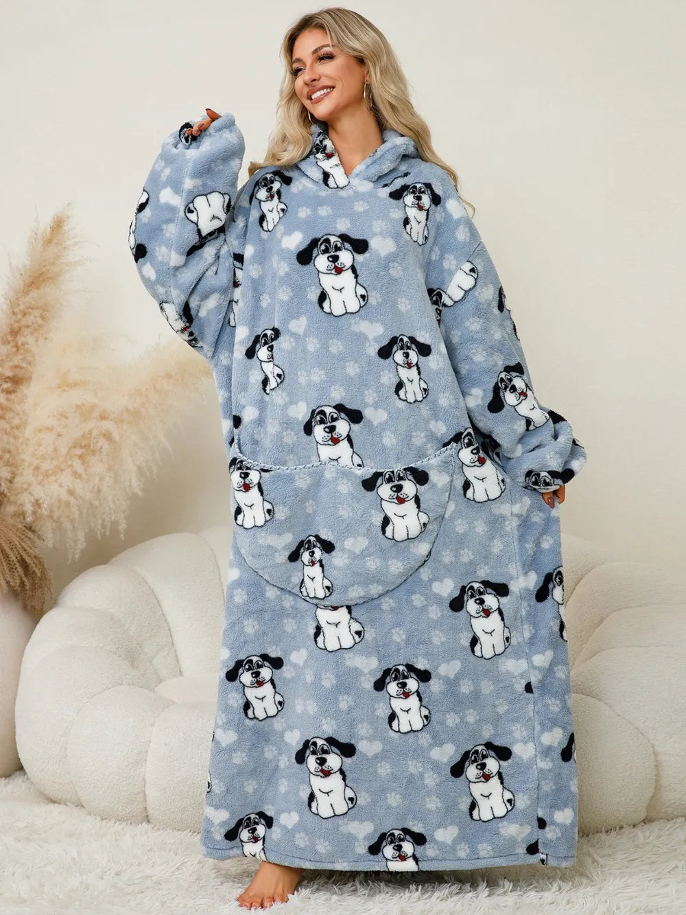 Fuzzy Pocketed Long Sleeve Hooded Lounge Dress - Fashorio