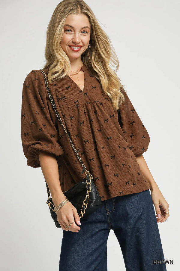 Umgee Corduroy Bow Print Balloon Sleeve Blouse Brown - Fashorio
