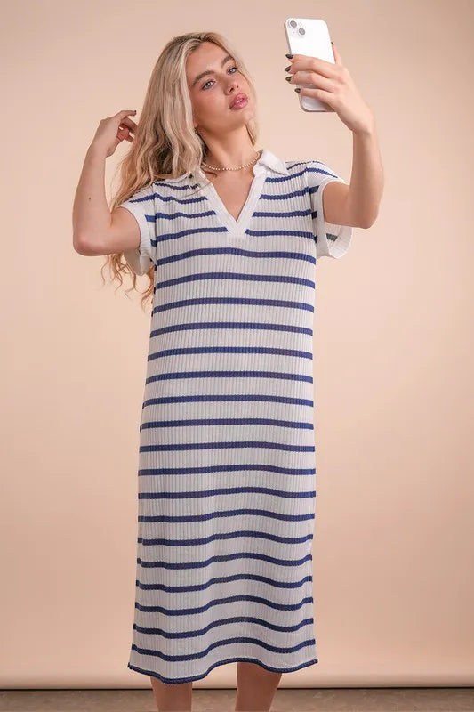VERY J Oversized Collared Striped Knit Midi Dress White Navy - Fashorio