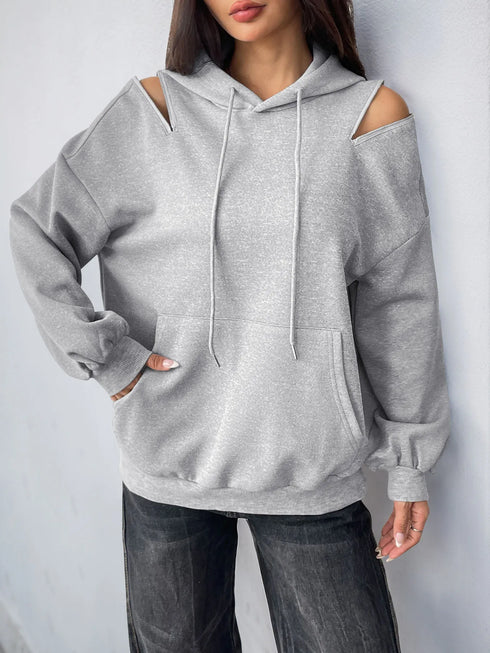Drawstring Zip Detail Cold Shoulder Hoodie Light Gray - Fashorio