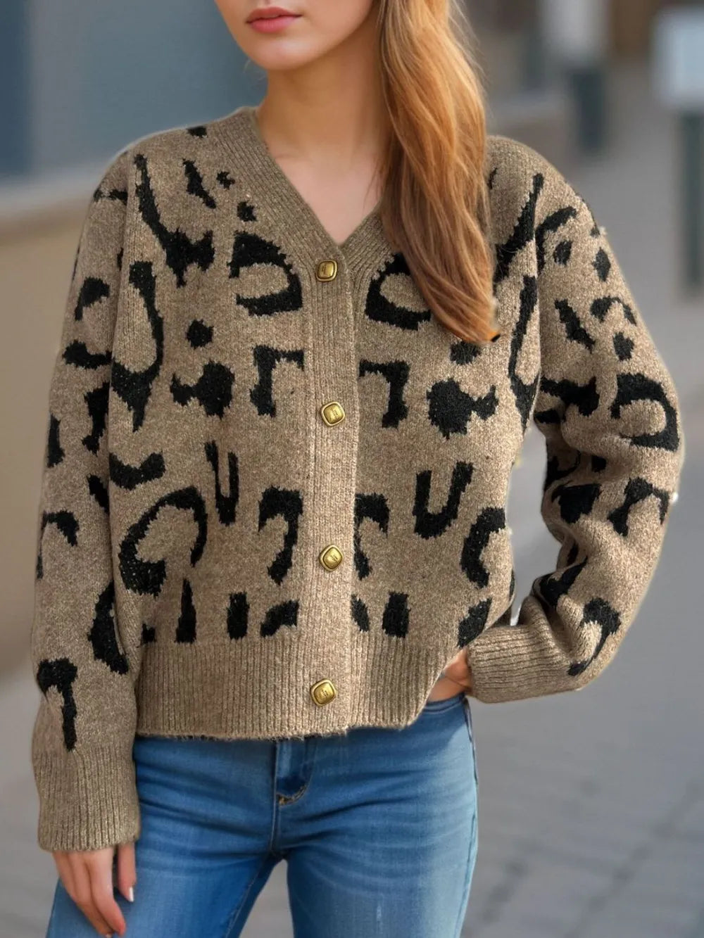 Leopard V-Neck Button Up Cardigan - Fashorio