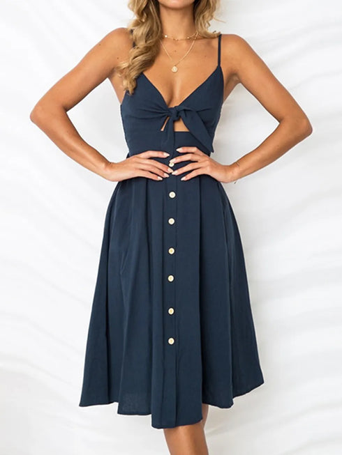 Smocked Sweetheart Cami Dress with Cutout & Tie Detail - Fashorio