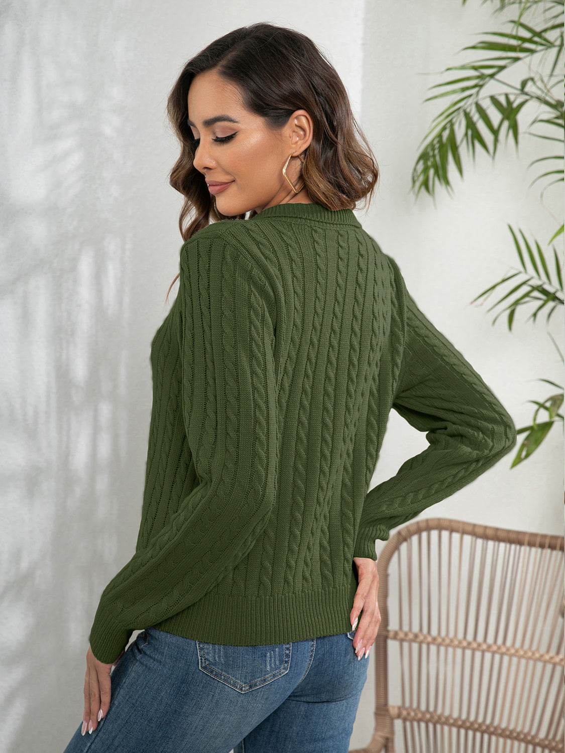 Johnny Collar Cable-Knit Long Sleeve Sweater - Fashorio