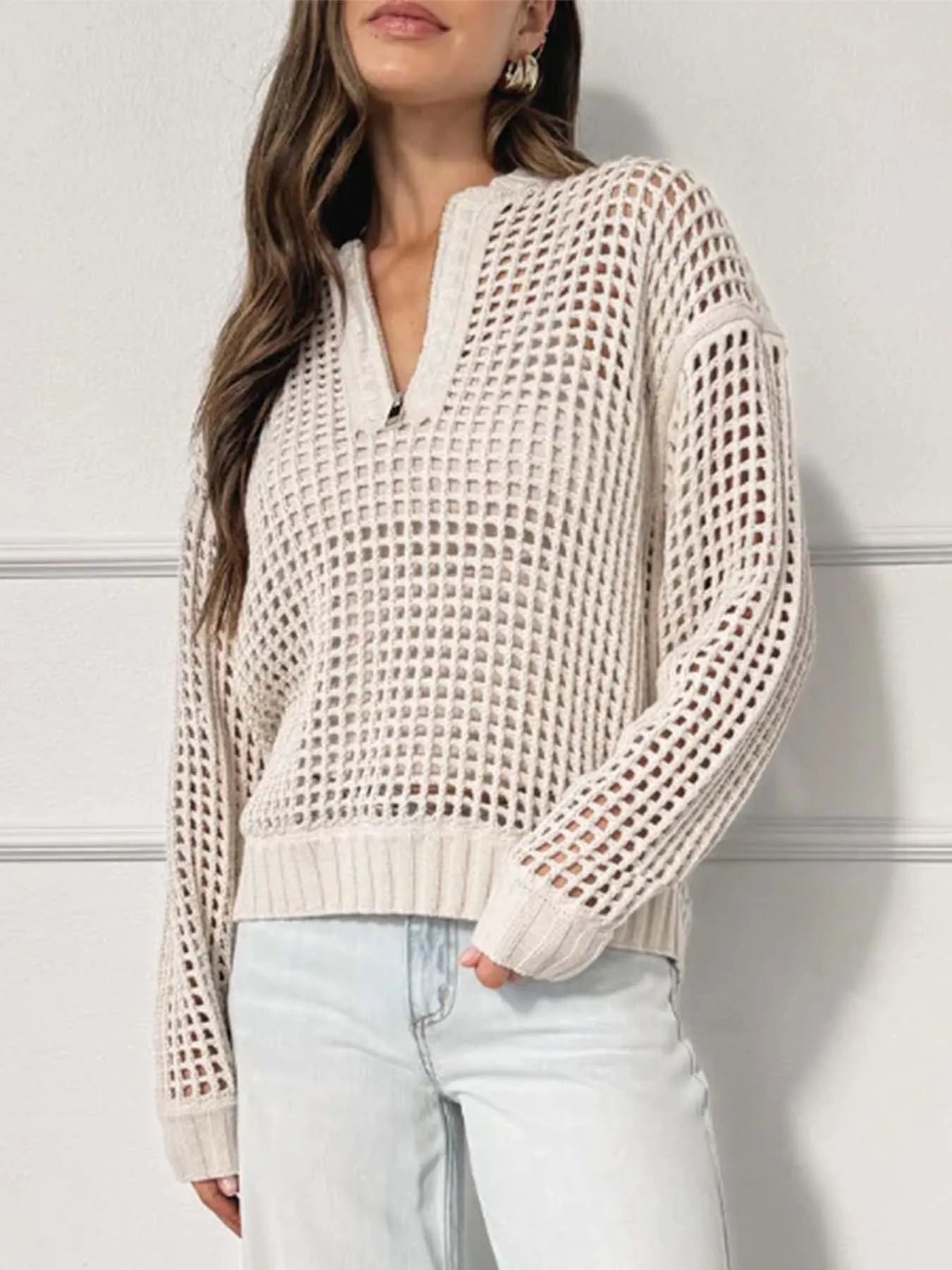 Half-Zip Detail Long Sleeve Sweater Beige - Fashorio