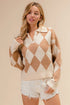 BiBi Diamond Pattern Collared Notch Neck Sweater - Fashorio