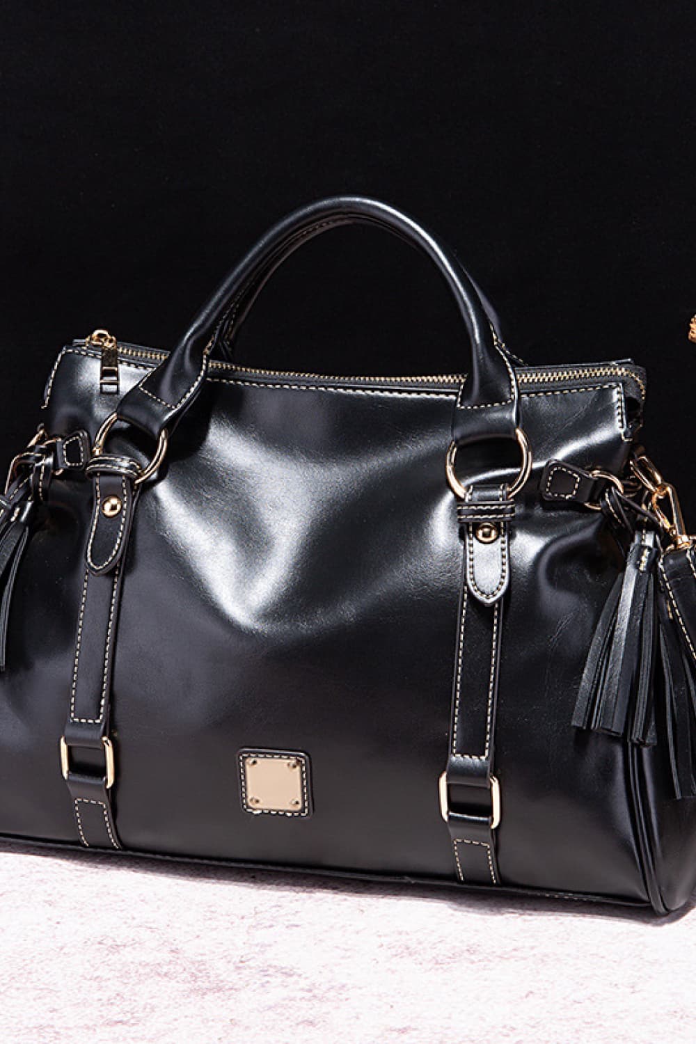 PU Leather Handbag with Tassels Black One Size - Fashorio