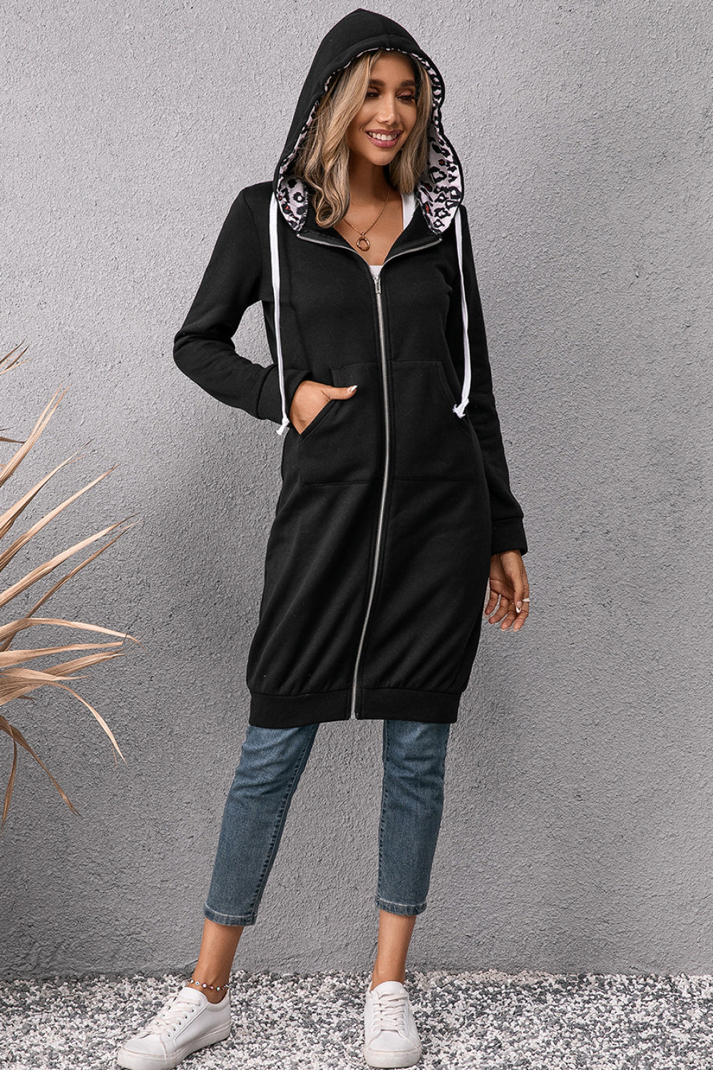 Ivy Lane Leopard Spliced Drawstring Zip Up Hoodie Dress - Fashorio