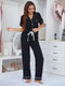 Contrast Piping Lapel Collar Short Sleeve Top and Pants Pajama Set Black - Fashorio