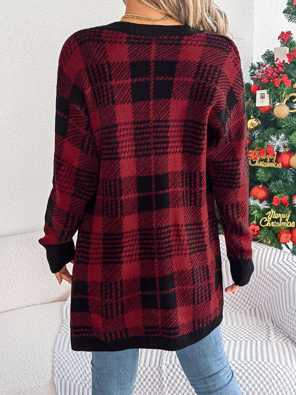 Plaid Open Front Long Sleeve Cardigan - Fashorio