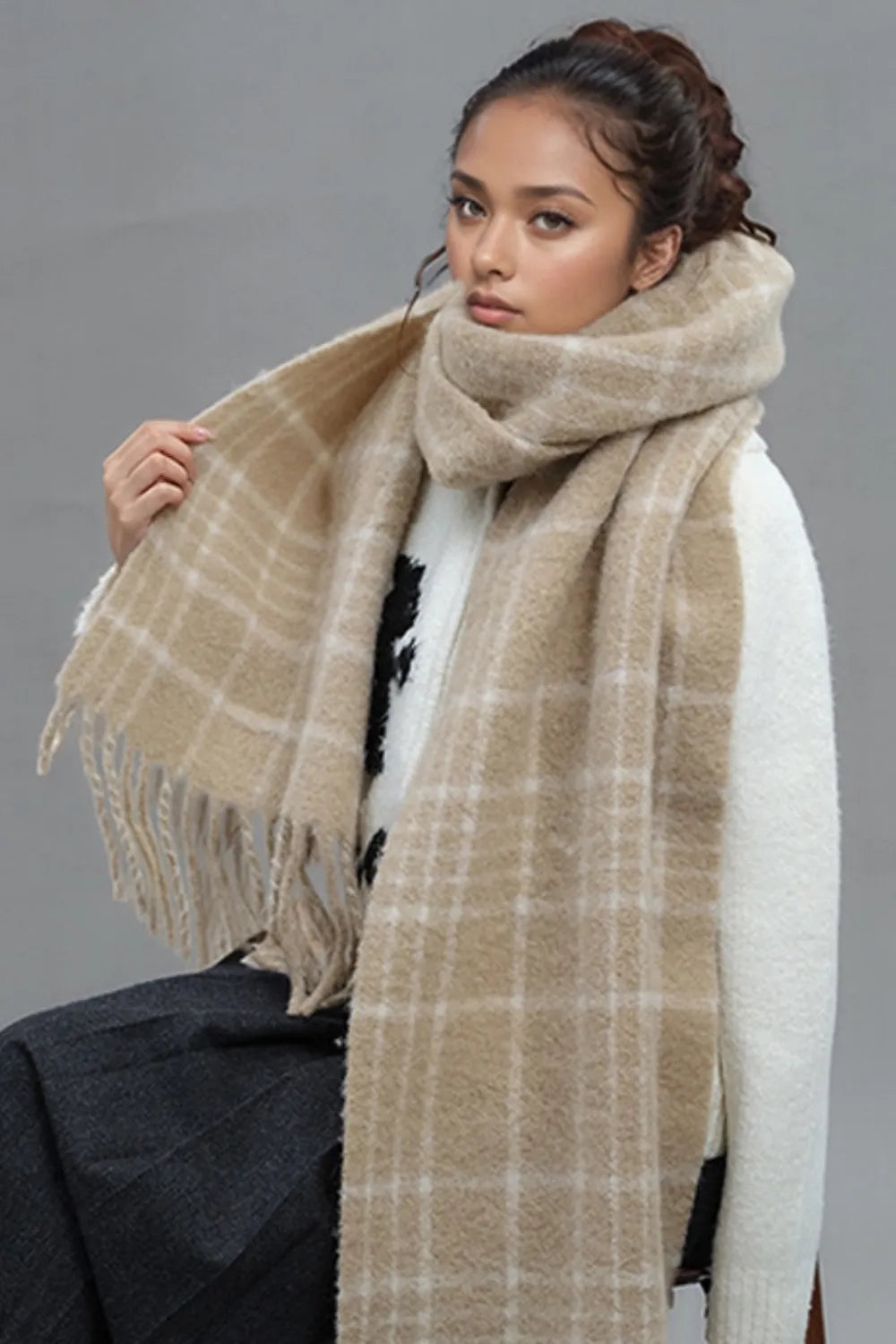 Fringe Plaid Thermal Scarf Tan One Size - Fashorio
