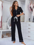 Contrast Piping Lapel Collar Short Sleeve Top and Pants Pajama Set - Fashorio