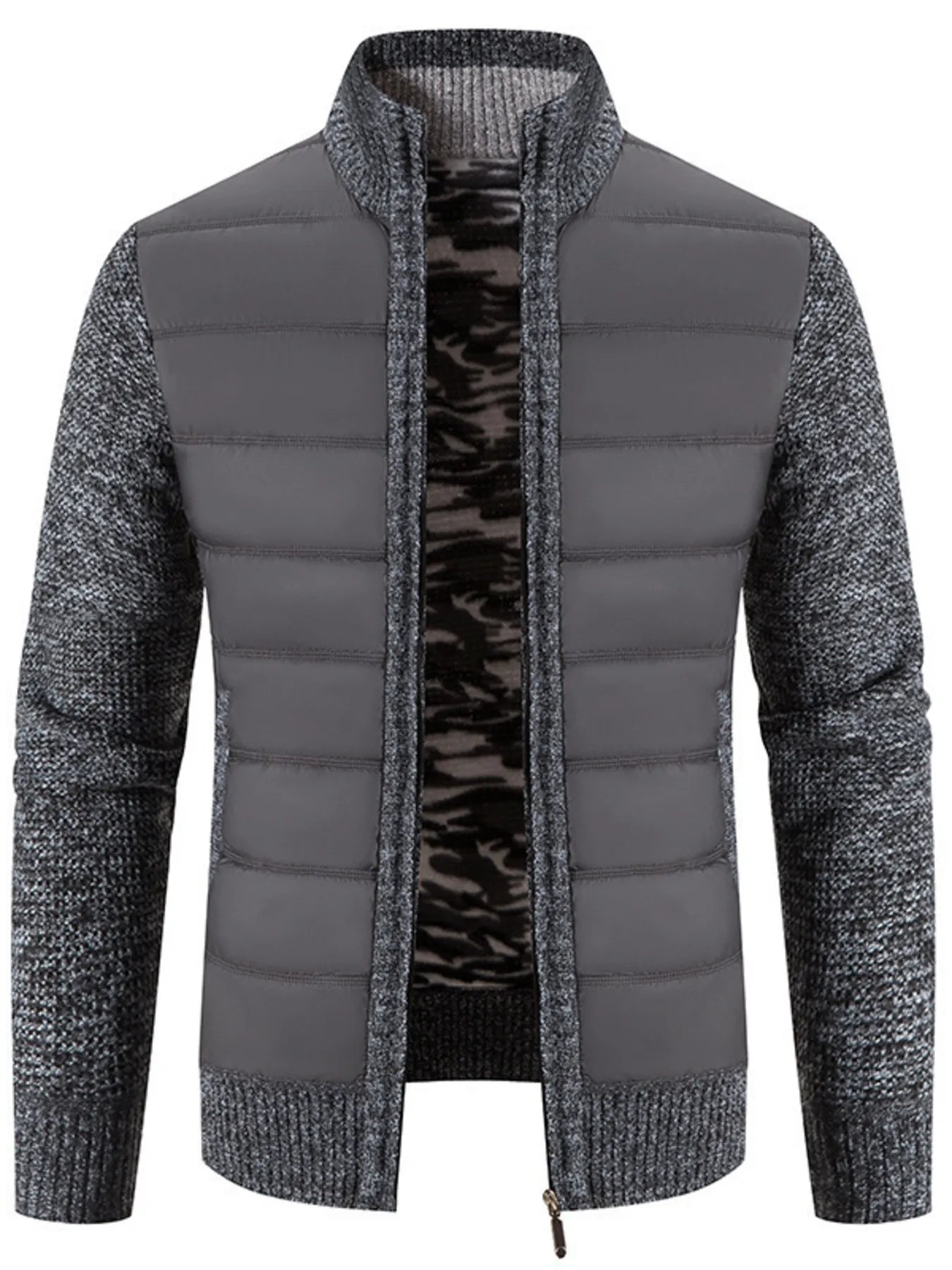 Men's Plus Size Quilted Knit Bomber Jacket with Stand Collar Gray - Fashorio