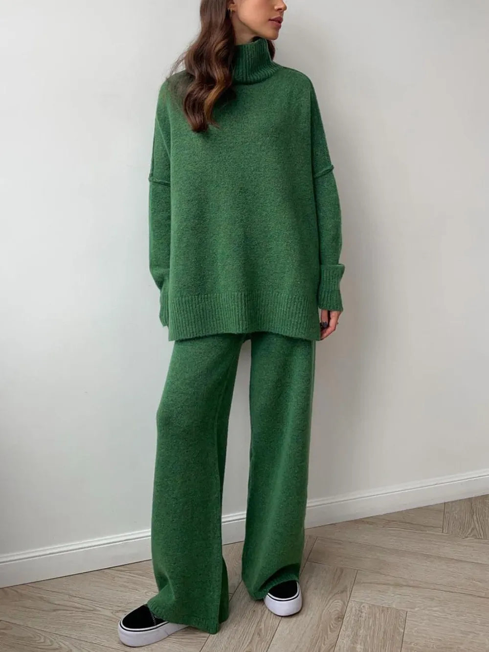 Slit Turtleneck Long Sleeve Top and Pants Sweater Set - Fashorio