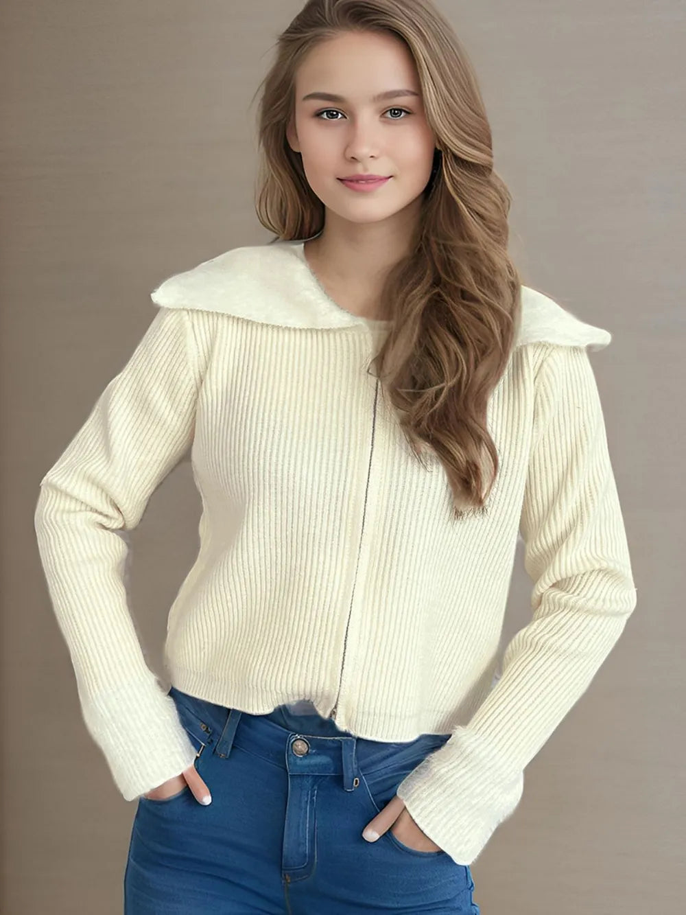 Zip Up Collared Neck Long Sleeve Cardigan - Fashorio