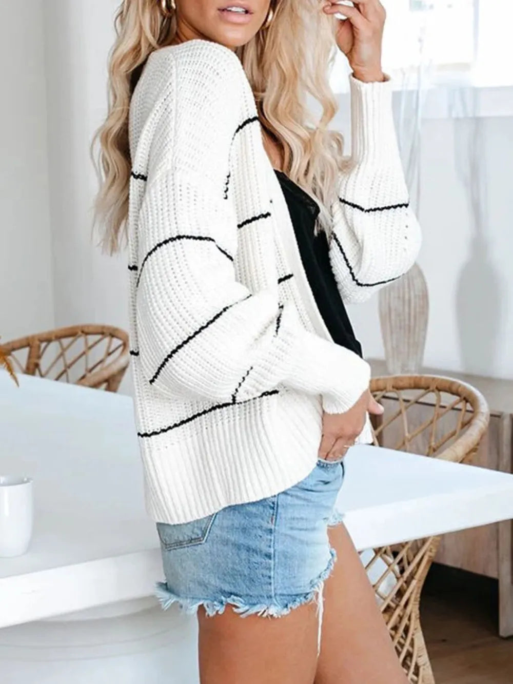 Striped Open Front Long Sleeve Cardigan - Fashorio